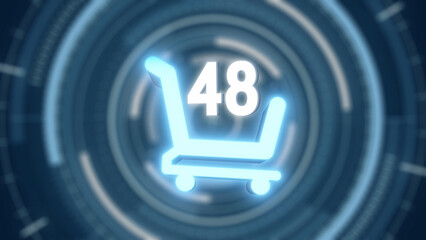animation the rise of Items in the shopping cart. Happy shopping on hud technology blue background