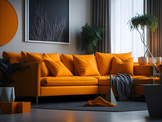 Orange modern living room with furniture, sofa, plant, window