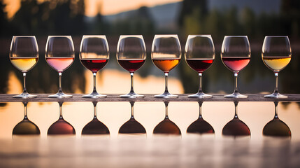 Row of glasses with red, white and rose wine prepared for degustation on wooden table.