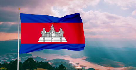 Cambodia national flag cloth fabric waving on beautiful grey sky Background.