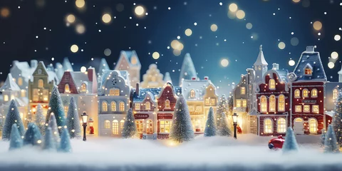 Deurstickers Christmas miniature scene of cozy town with festive buildings, lights,bokeh,toys decorations. Isometric view. New year, Xmas background.Winter magical card. Wanderland. Holidays template.Generative ai © Inai