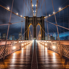 Suspended Bridge in Illuminated Night