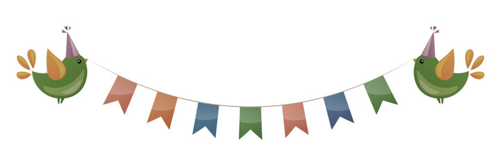 Vector illustration of a colorful curved festive garland with 7 seven flags held by 2 two birds, isolated on a white background for design