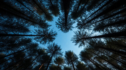 sky view looking upward through pine trees 