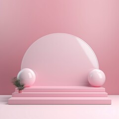 Empty minimalistic glossy scene with pearls. Pink, beige, neutral color podium for goods and items