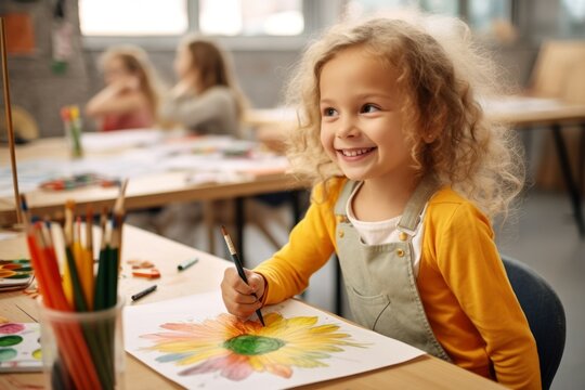 Little girl learn drawing. Generate AI