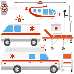 Vector clip art with ambulance car, air ambulance helicopter, wheelchair, canes, first aid kit © Birdy
