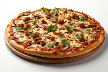 Delicious fresh pizza on wooden pizza board isolated on white background