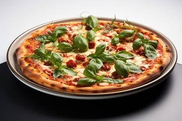 Fresh delicious pizza with basil leaves on plate on table