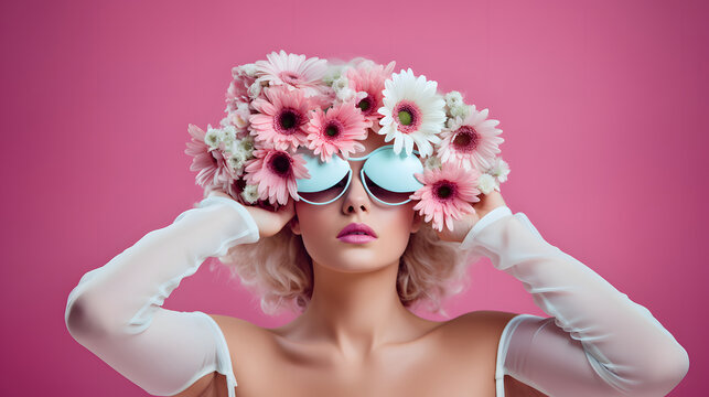 Surreal portrait of the  woman  with pastel pink daysies on his head and strange sleep mask against pink background, minimal abstract dreamy concept