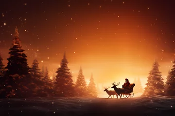 Gordijnen Santa Claus with reindeer sleigh against snowy landscape with fir trees AI Generative © Thararat