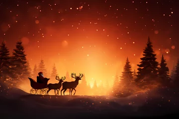 Gordijnen Santa Claus with reindeer sleigh against snowy landscape with fir trees AI Generative © Thararat