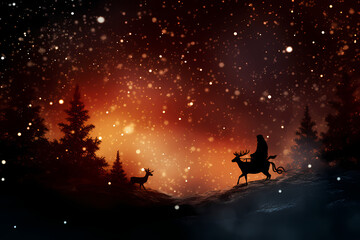 Santa Claus with reindeer sleigh against snowy landscape with fir trees AI Generative