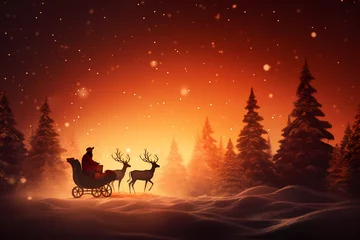 Küchenrückwand glas motiv Braun Santa Claus with reindeer sleigh against snowy landscape with fir trees AI Generative