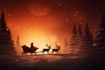 Fototapeten Santa Claus with reindeer sleigh against snowy landscape with fir trees AI Generative © Thararat