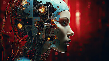 The young humanoid female head is connected to a super computer, symbolizing artificial intelligence. Futuristic illustration of the relationship between humans and neural networks. Copy space