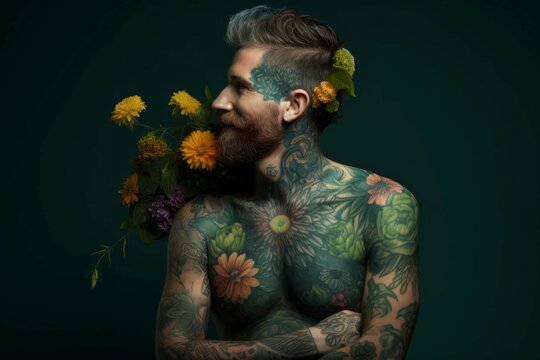 Green man plant tattoo. Generate Ai