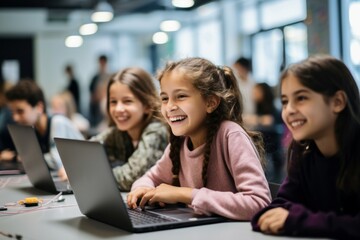 Happy smiling girls coding. Generate AI