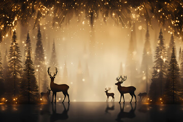 Christmas background with deer and snowflakes. Golden backdrop AI Generative