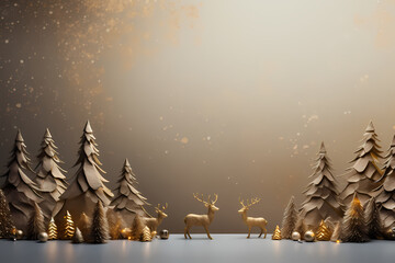 Christmas background with deer and snowflakes. Golden backdrop AI Generative