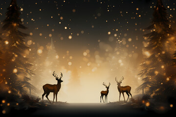 Christmas background with deer and snowflakes. Golden backdrop AI Generative