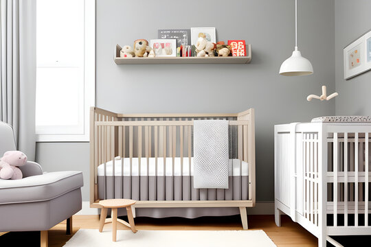 Baby bed standing between low cupboard and chair, lamp and bench in nursery interior with wooden floor and gray wall with moldings