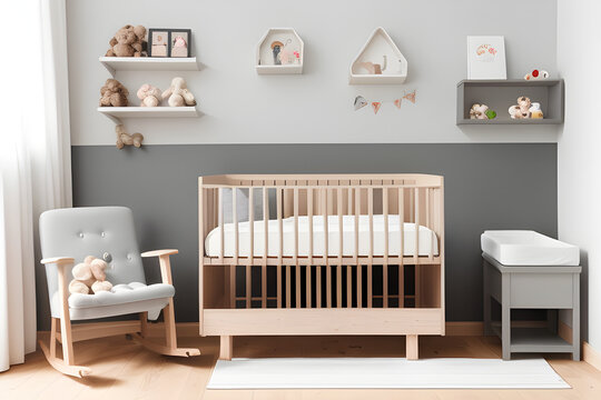 Baby bed standing between low cupboard and chair, lamp and bench in nursery interior with wooden floor and gray wall with moldings