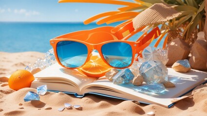 Fototapeta na wymiar Travelling is best thing in vacations for relaxation on beach near sea,oceans water,on sand the glasses,book,shells is aesthetic pic