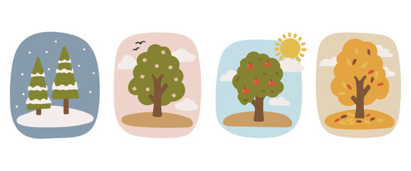 Seasons landscape set vector, abstract season tree vector, seasons illustration, plants vector