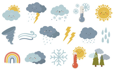 Weather illustration set, kids vector, sun, cloudy illustration,  weather vector, seasonal weather elements vector - obrazy, fototapety, plakaty