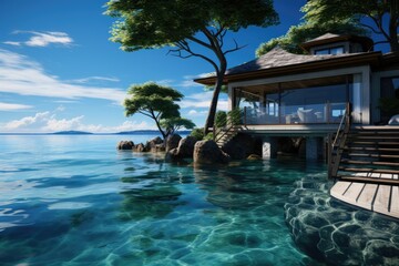 A house sitting on the edge of a body of water. Digital image.