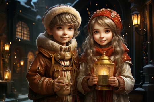 Children on christmas eve, holding a latern in their hand, greeting card, winter season, generative AI