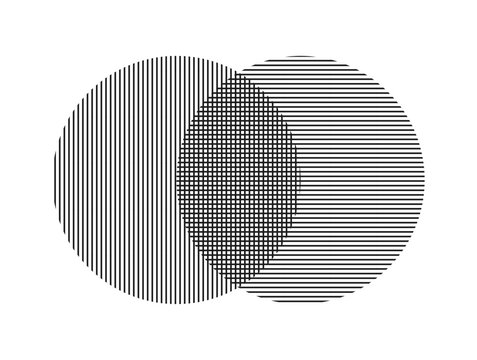 Two circles of parallel lines intersect each other. Geometric shape for design isolated on white background.