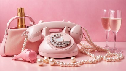A classic pic of an old pink telephonic with dials to communicate with other people's with a bag,perfume and wines