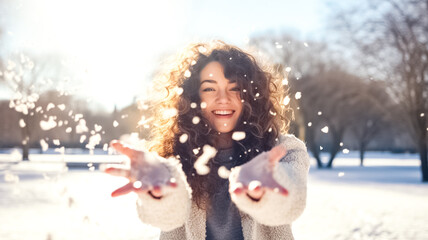 Young beautiful woman throwing snow in the air at sunny winter day. Expressing positivity, true brightful emotions. The concept of portrait in winter snowy weather.