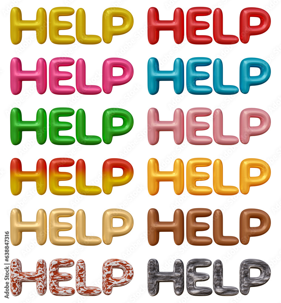 Poster Set of help text design isolated on transparent background in 3d rendering for support and assistance concept.