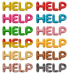 Set of help text design isolated on transparent background in 3d rendering for support and assistance concept.