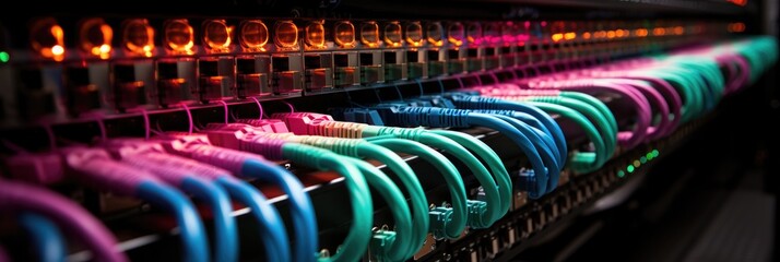 Server room with switch, internet cables and wires. Fiber optic equipment in data center. Network background, panorama. - obrazy, fototapety, plakaty