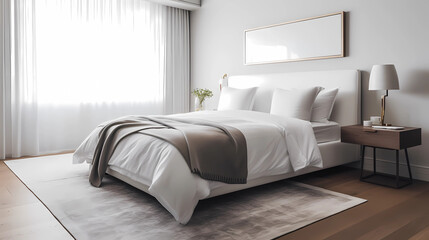 Venture into a minimalist bedroom that champions solitude and rest. A platform bed, with its understated design, is dressed in organic cotton linens in shades of gray and white. Flanking the bed are t - obrazy, fototapety, plakaty