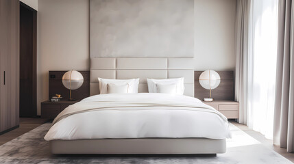 Venture into a minimalist bedroom that champions solitude and rest. A platform bed, with its understated design, is dressed in organic cotton linens in shades of gray and white. Flanking the bed are t