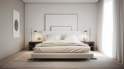 Venture into a minimalist bedroom that champions solitude and rest. A platform bed, with its...