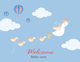 Mother duck with her duckling. Baby shower invitations cards with babies boy and girl,cute design,poster,template,Vector illustrations.