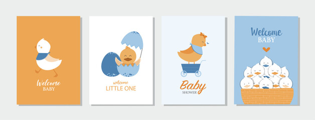 Set of baby shower invitations cards with babies boy and girl,cute design,poster,template,chick,Vector illustrations. - 638848198
