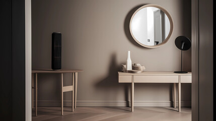 A slender console table, crafted from pale wood, holds a ceramic bowl for keys and essentials. Above, a round mirror reflects a pendant light with a minimalist design, casting soft shadows on the wall