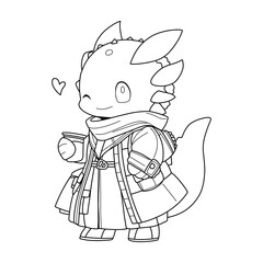 Little cute kawaii dragon coloring page for kids winter new year dragon.