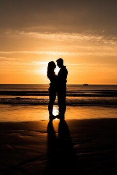 silhouette of a happy young couple walking along the beach with their arms around each other
