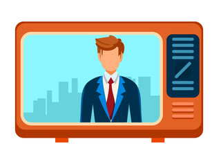News anchor on a retro TV screen flat style stock vector image, news presenter, news channel on an old TV flat style stock vector image