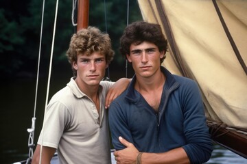 Obraz premium portrait of two young men standing behind a sailing boat