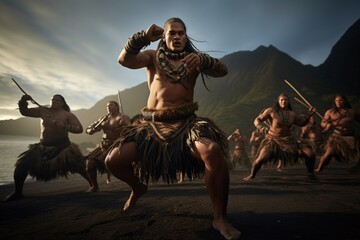 Maori Haka dance is distilled into a single frame. With warriors performing their vigorous movements