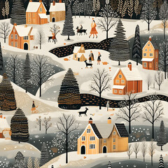 scandinavian folk art, wallpaper, traditional patterns, village in winter
 - obrazy, fototapety, plakaty